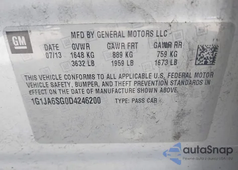 2013 Chevrolet Sonic Ls Auto из США, поврежденный, VIN 1G1JA6SG0D4246200